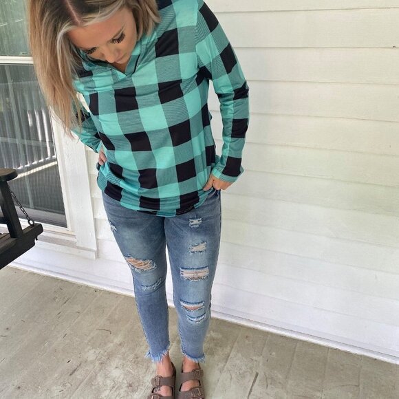 Buffalo Plaid Tunic Style Top Teal/Black - Picture 2 of 5
